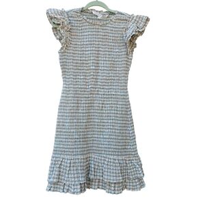 Veronica Beard Cici Smocked Seersucker Gingham Mini Dress Beige Green 4 Ruffle
